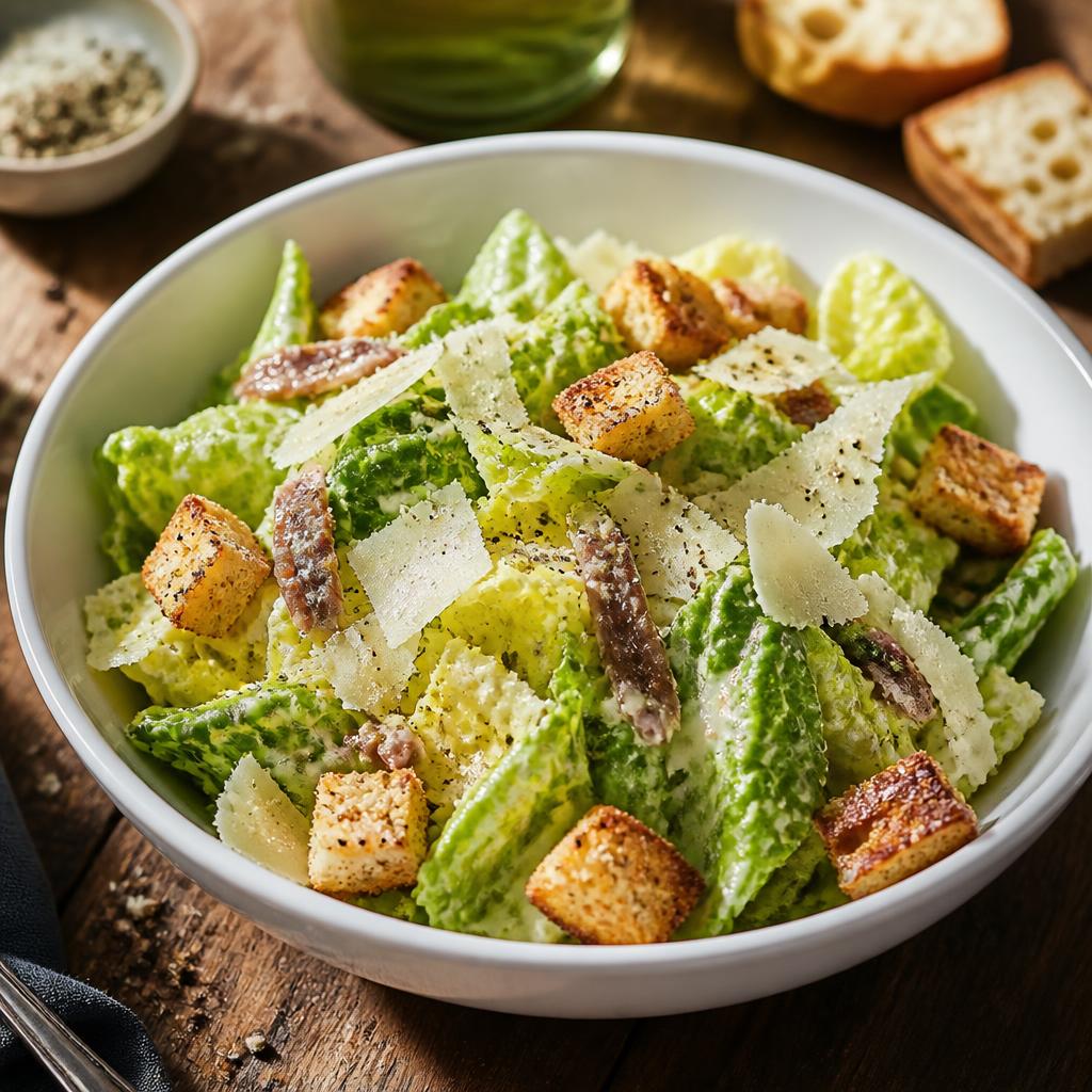 Classic Caesar salad with olive oil, parmesan, anchovies and white-bread croutons