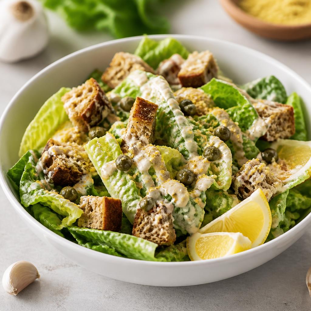 Esselstyn-style Caesar salad with white bean dressing, capers, whole-grain croutons and nutritional yeast